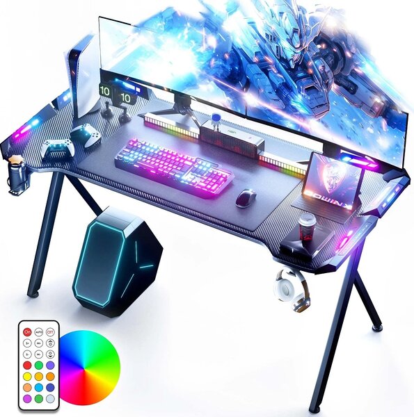 DOWINX Birou de Gaming RGB cu Iluminare Multicoloră și Design din Fibră de Carbon, Telecomanda, Mouse pad impermeabil, 140 cm, Negru