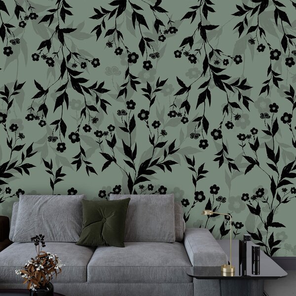 Fototapet Model floral alb-negru, Fototapet frunze, Fototapet populare, t00452 - Tapeko.ro