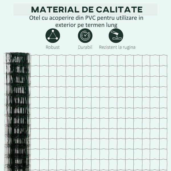 Outsunny Plasă de Împrejmuire din Oțel Plastifiat Verde, Protecție pentru Grădini, Rola de 25m, Înălțime 1.7m | Aosom Romania