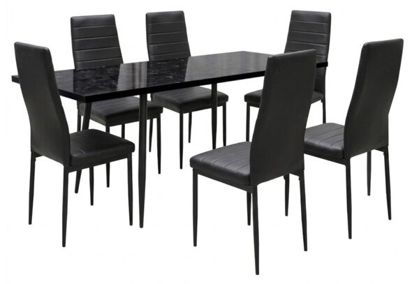 Set masă extensibilă Lisabona Negru Marmorat cu 6 Scaune Oscar Negru Piele Ecologică