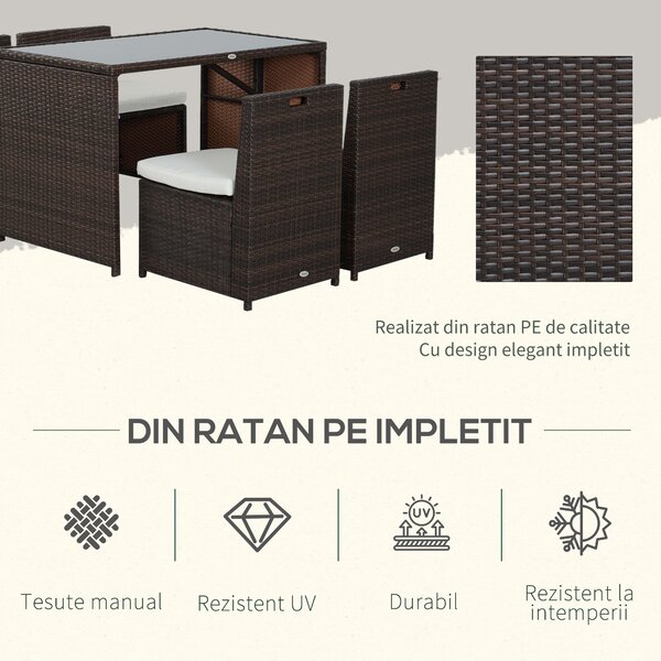 Outsunny Set Mobilier Grădină Ratan 5 Piese, Masă Prânz, 4 Scaune Terasă, Perne Incluse, Maro | Aosom Romania