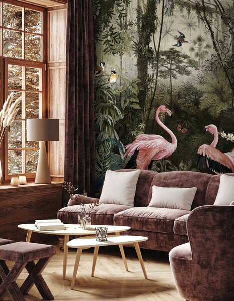 Fototapet Grup de flamingo roz într-o pădure, Fototapet designer, Fototapet populare, u73568 - Tapeko.ro