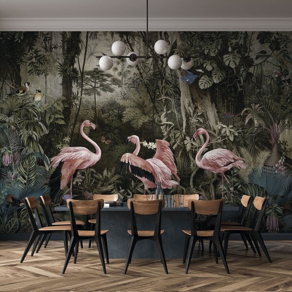 Fototapet Grup de flamingo roz într-o pădure, Fototapet designer, Fototapet populare, u73568 - Tapeko.ro