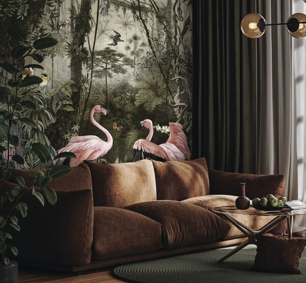 Fototapet Grup de flamingo roz într-o pădure, Fototapet designer, Fototapet populare, u73568 - Tapeko.ro