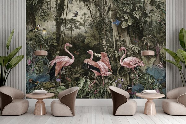 Fototapet Grup de flamingo roz într-o pădure, Fototapet designer, Fototapet populare, u73568 - Tapeko.ro