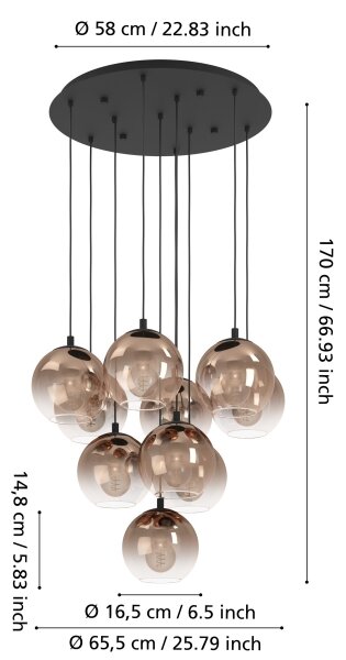 Eglo 901926 - Candelabru suspendat pe cablu ARISCANI 10xE27/60W/230V negru/bej/fumuriu