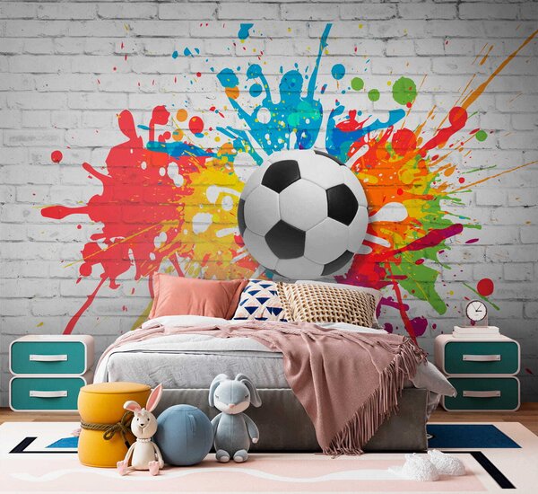 Fototapet Mingea de fotbal pe un perete de cărămidă, Fototapet 3D, Fototapet populare, u64587 - Tapeko.ro