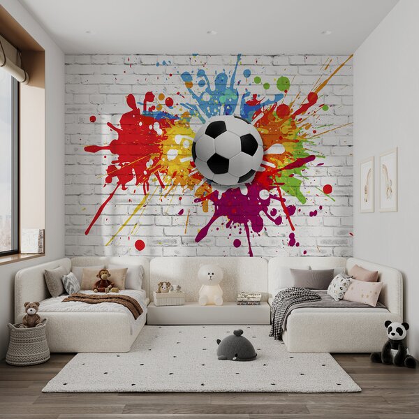 Fototapet Mingea de fotbal pe un perete de cărămidă, Fototapet 3D, Fototapet populare, u64587 - Tapeko.ro