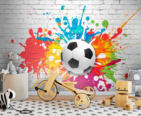 Fototapet Mingea de fotbal pe un perete de cărămidă, Fototapet 3D, Fototapet populare, u64587 - Tapeko.ro