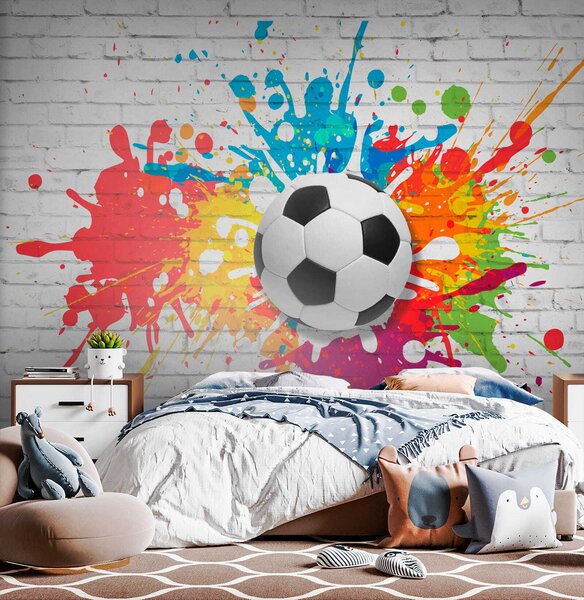 Fototapet Mingea de fotbal pe un perete de cărămidă, Fototapet 3D, Fototapet populare, u64587 - Tapeko.ro