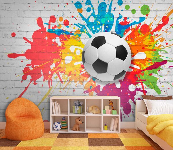 Fototapet Mingea de fotbal pe un perete de cărămidă, Fototapet 3D, Fototapet populare, u64587 - Tapeko.ro
