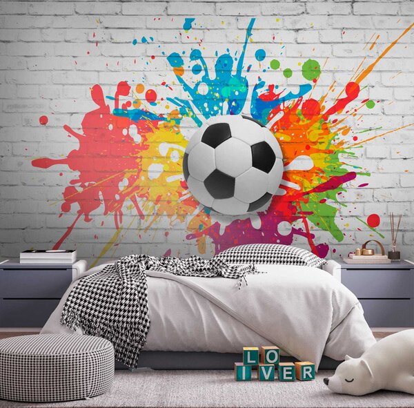 Fototapet Mingea de fotbal pe un perete de cărămidă, Fototapet 3D, Fototapet populare, u64587 - Tapeko.ro