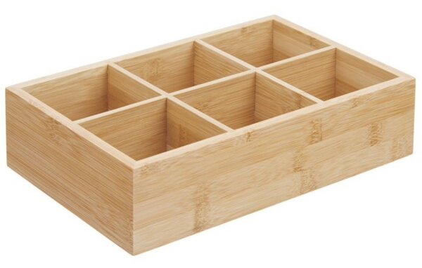 Cutie Pufo din bambus cu 6 compartimente si capac din sticla pentru plicuri de ceai – organizator elegant, 30 x 18 x 9 cm