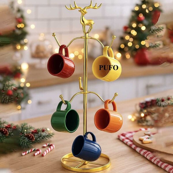 Suport auriu elegant metalic Pufo Ellegant pentru cani si cesti- suport cu 6 carlige pentru depozitare, organizare sau decor