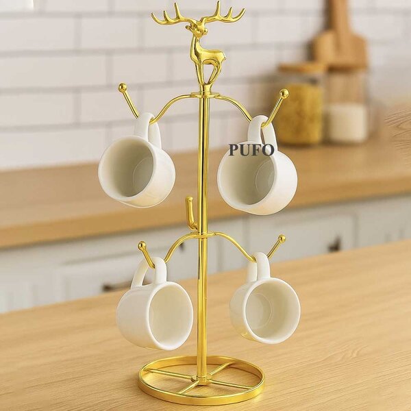 Suport auriu elegant metalic Pufo Ellegant pentru cani si cesti- suport cu 6 carlige pentru depozitare, organizare sau decor