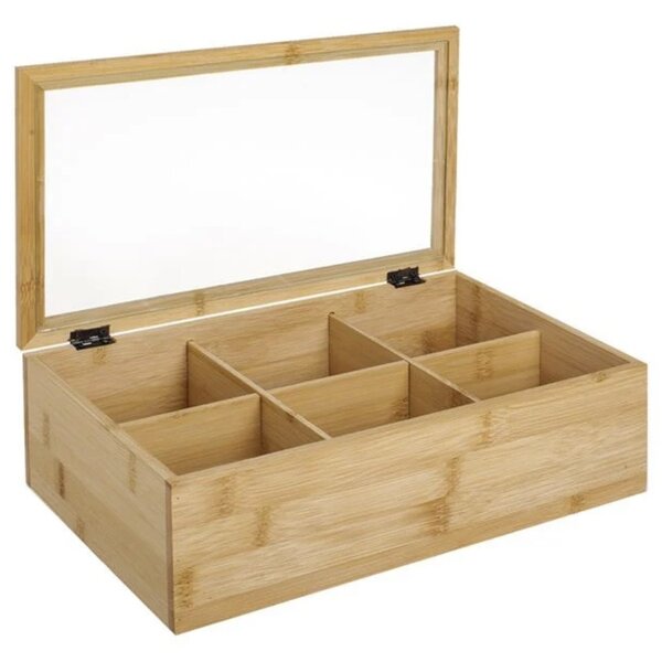 Cutie Pufo din bambus cu 6 compartimente si capac din sticla pentru plicuri de ceai – organizator elegant, 30 x 18 x 9 cm