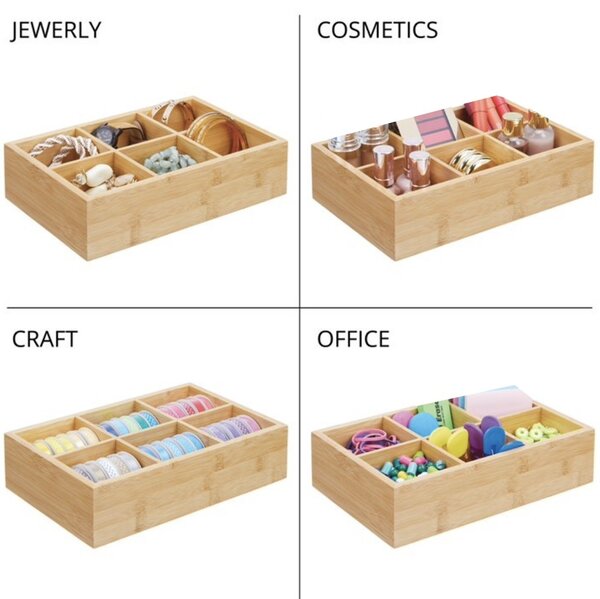 Cutie Pufo din bambus cu 6 compartimente si capac din sticla pentru plicuri de ceai – organizator elegant, 30 x 18 x 9 cm