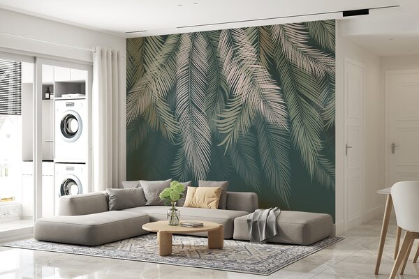Tapet Frunze de palmier pe un fundal verde închis, Fototapet pădure, Fototapet Tropics, u48556v2 : Uwalls.ro