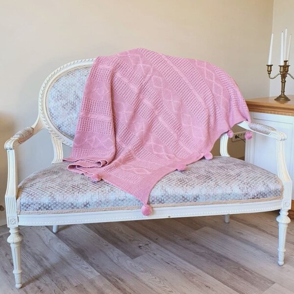 Pătură tricotată cu pom pom 130 x 170cm, Roz