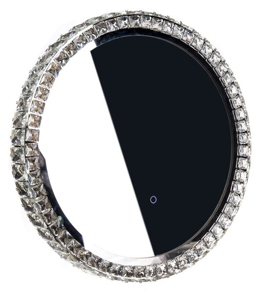 Oglinda Glamour, cristale si LED-uri, forma rotunda, diametru 50 cm, comutator tactil