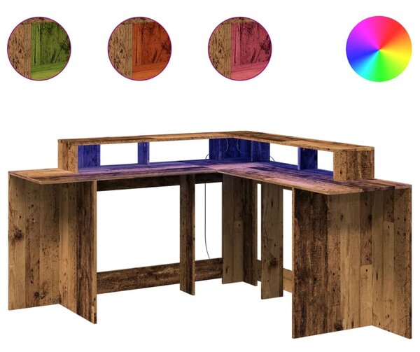 Birou cu lumini LED, lemn vechi, 152x152x91 cm, lemn prelucrat