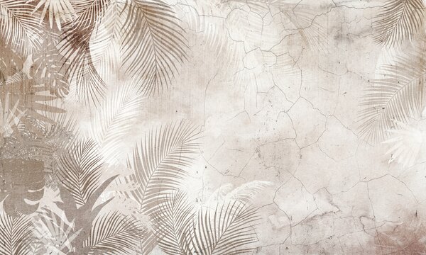Tapet Glamorous 3D frunze în stil grunge, Fototapet pădure, Fototapet Tropics, u73583 : Uwalls.ro