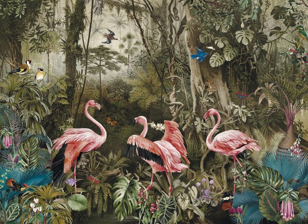 Fototapet Grup de flamingo roz într-o pădure, Fototapet designer, Fototapet populare, u73568 - Tapeko.ro