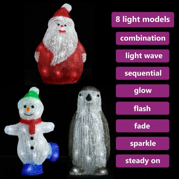 Set figurine de Crăciun cu LED, 3 piese, acril, int. & ext