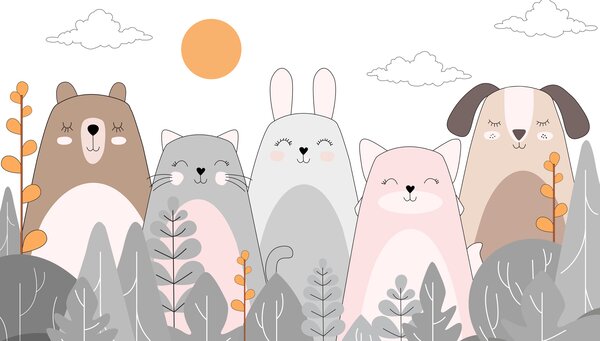 Fototapet Grup de animale în rând, Fototapet copii, Fototapet populare, u93755 - Tapeko.ro