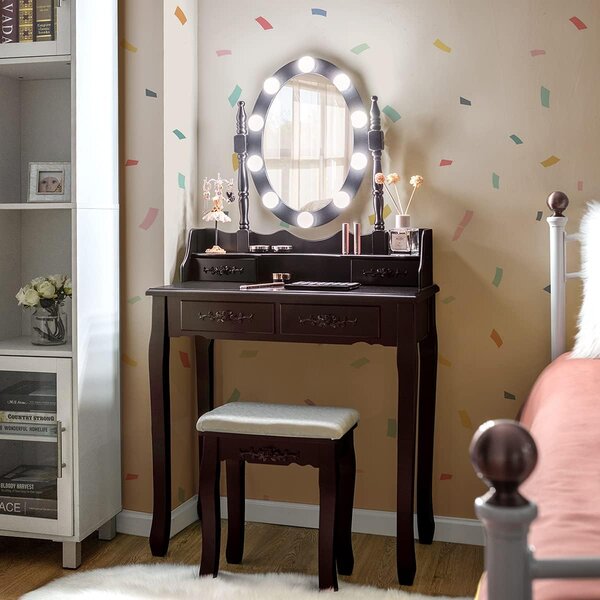 SEM16 - Set Masa toaleta, 75 cm, cosmetica machiaj oglinda cu LED, masuta makeup cu scaun tapitat - Maro