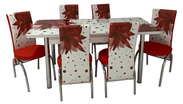 Set masa extensibila Red Flower cu 6 scaune imprimate