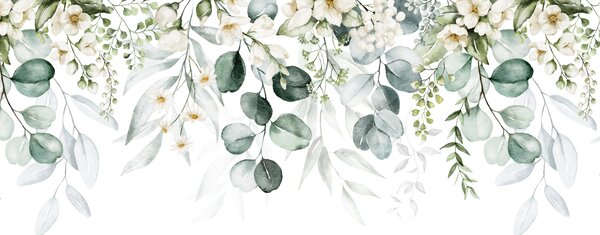 Tapet Ilustrație cu frunze verzi, flori albe, bujor și ramuri, Fototapet Natură, Fototapet Frunze, u96063 : Uwalls.ro
