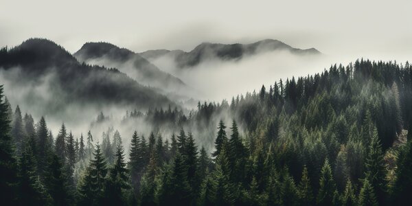 Fototapet Pădure cu ceață și munți, Fototapet munți, Fototapet populare, u96027 - Tapeko.ro