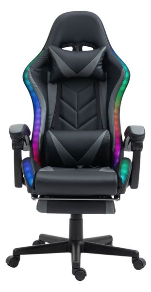 Scaun gaming, sistem iluminare bandă LED RGB, masaj în perna lombară, suport picioare, Negru/Gri