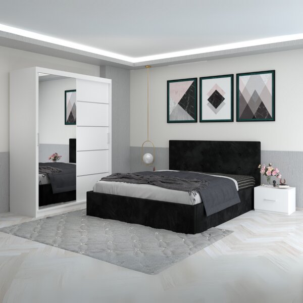 Dormitor Filip Negru Cu Pat Tapitat Catifea 160x200