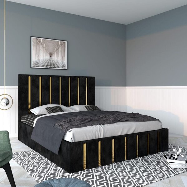Pat Tapitat Mexic Negru + Saltea 20cm Grosime 140x200
