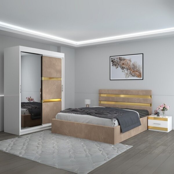 Dormitor Clio Crem Cu Dulap Tapitat 160x200