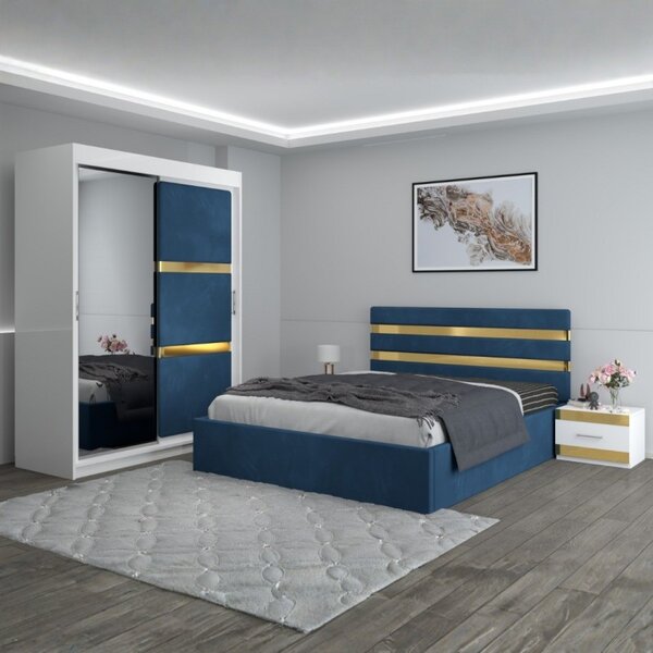 Dormitor Clio Albastru Cu Dulap Tapitat 160x200