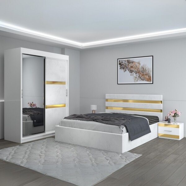Dormitor Clio Alb Cu Dulap Tapitat 160x200