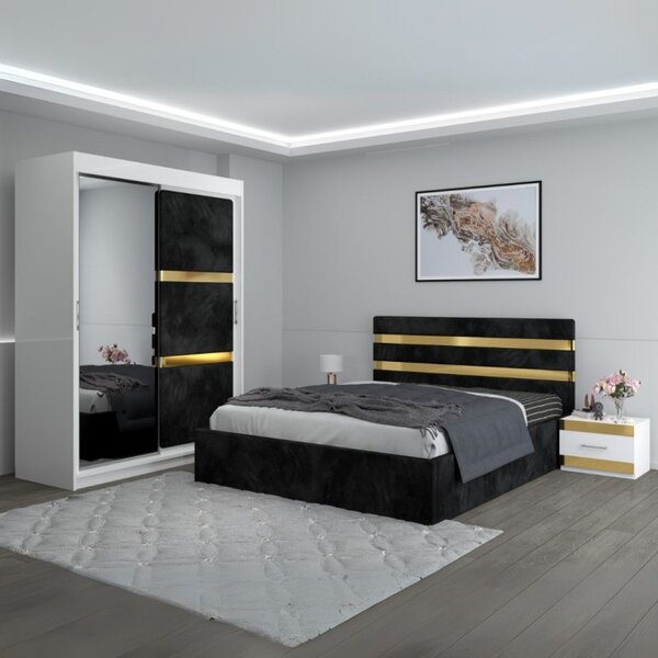 Dormitor Clio Negru Cu Dulap Tapitat 160x200