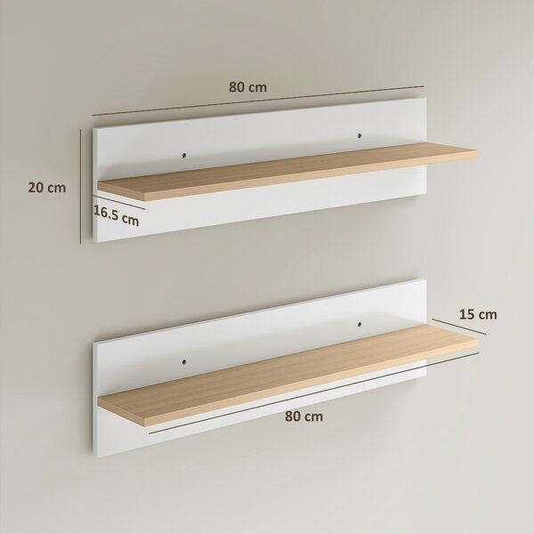 HOMCOM Set 2 Rafturi de Perete pentru Casă și Birou, Rafturi din Lemn pentru Bucătărie și Living, 80x16.5x20 cm, Alb și Lemn Natural | Aosom Romania