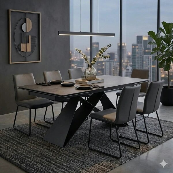 Masa moderna dining WESTIN, gri/negru, sticla/metal, 160-240x90x77 cm