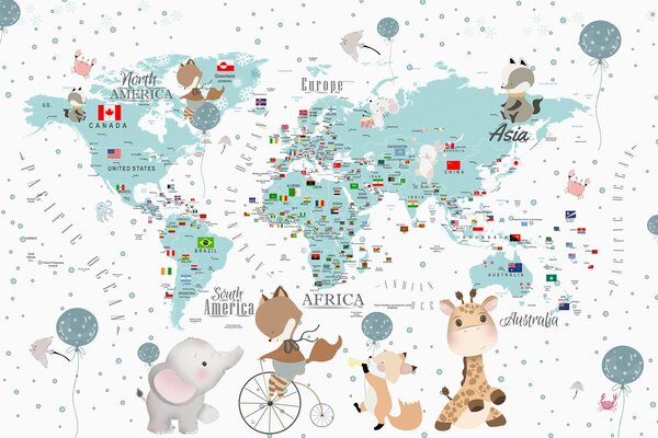 Tapet Harta lumii pentru copii cu animale, Fototapet Harta lumii, Fototapet pentru copii harta lumii, u99228 : Uwalls.ro