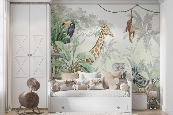 Tapet Jungla panorama cu animale, Fototapet Pentru Copii, Fototapet pentru camera unui băiat, u74709d1 : Uwalls.ro
