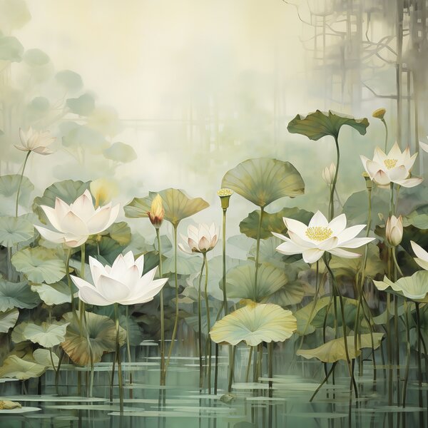 Tapet Flori de lotus în lac, junglă, artă tropicală, verdeață, Fototapet Flori, u99454d1 : Uwalls.ro