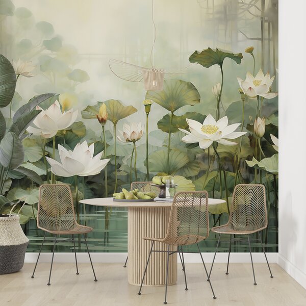 Tapet Flori de lotus în lac, junglă, artă tropicală, verdeață, Fototapet Flori, u99454d1 : Uwalls.ro
