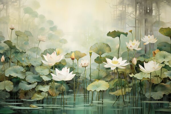 Tapet Flori de lotus în lac, junglă, artă tropicală, verdeață, Fototapet Flori, u99454 : Uwalls.ro