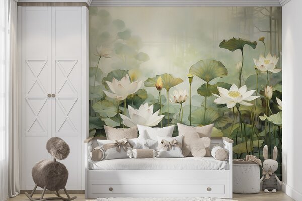 Tapet Flori de lotus în lac, junglă, artă tropicală, verdeață, Fototapet Flori, u99454d1 : Uwalls.ro