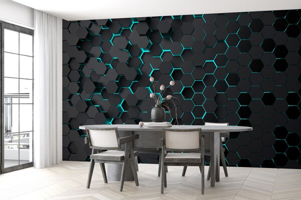 Tapet "Hexagon negru turcoaz", Fototapet Abstract, u93618d3 : Uwalls.ro