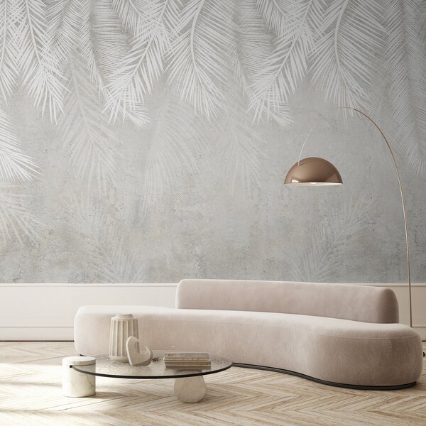 Tapet Frunze de palmier fragile albe cu o textură grunge, Fototapet pădure, Fototapet Tropics, u94286d2 : Uwalls.ro